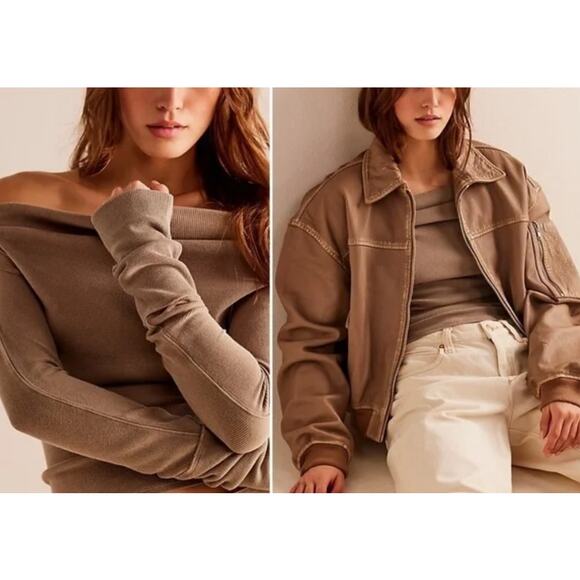 Free People GIGI Long Sleeve Off-Shoulder Tee Top in Ground Coriander L NWOT $58 - Picture 4 of 10